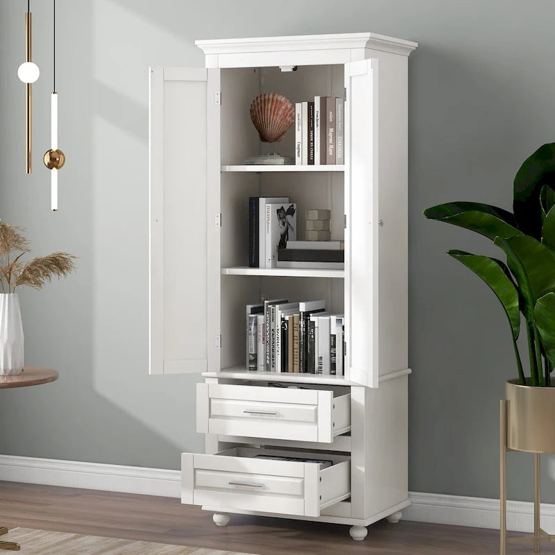 White Tall Storage Cabinet with Two Drawers