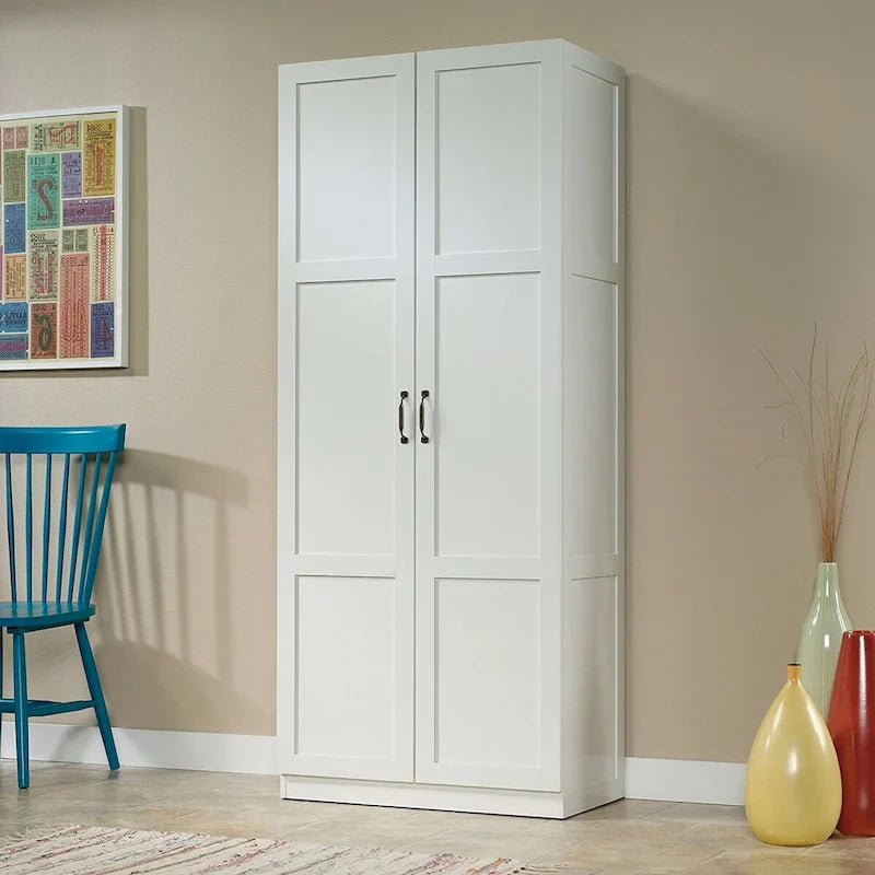 White Wardrobe Storage Cabinet with 4 Shelves and Panel Doors - 16D x 30W x 71H