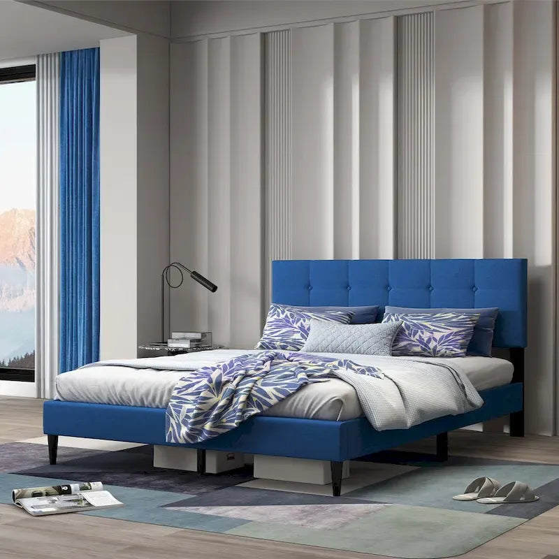 Costway Queen Upholstered Platform Bed Mattress Foundation Button