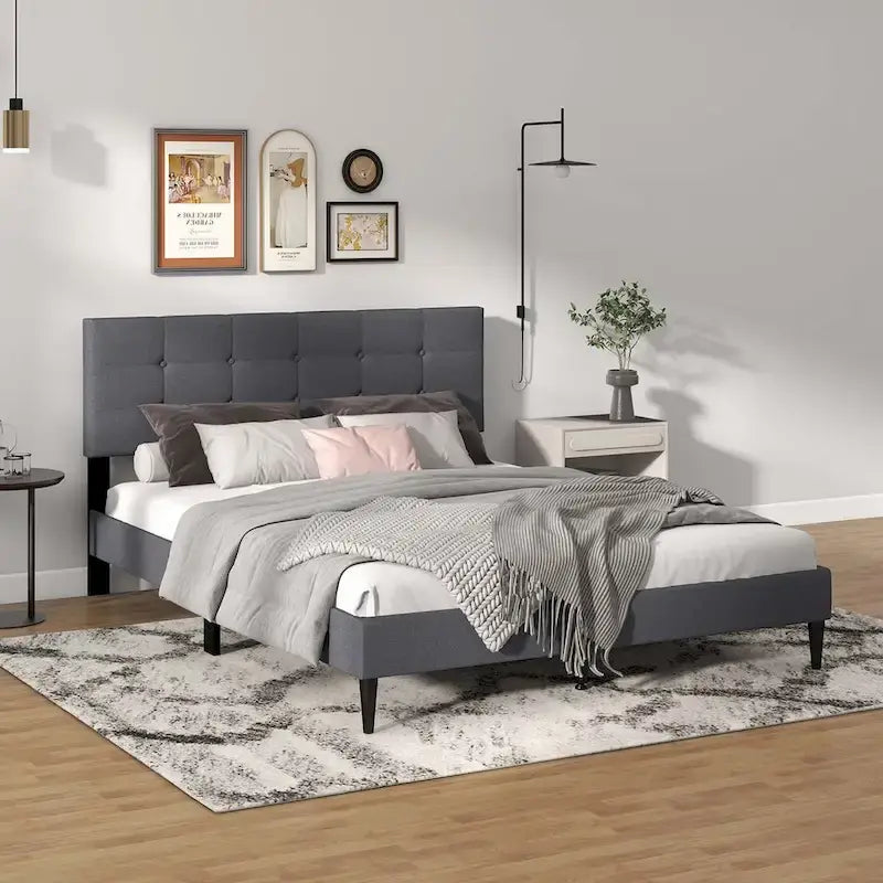 Costway Queen Upholstered Platform Bed Mattress Foundation Button