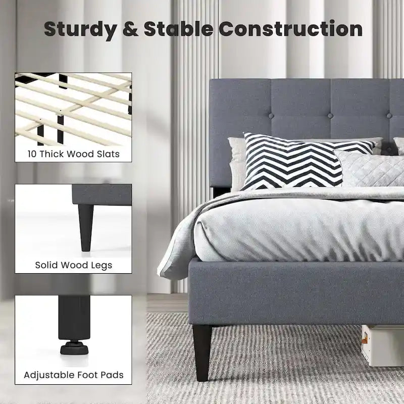 Costway Queen Upholstered Platform Bed Mattress Foundation Button