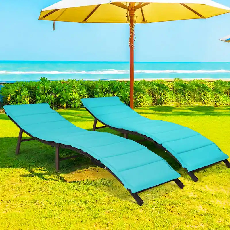 Gymax Set of 2 Folding Wicker Chaise Portable Lounge Chair w/ - 81x 23.5x 20