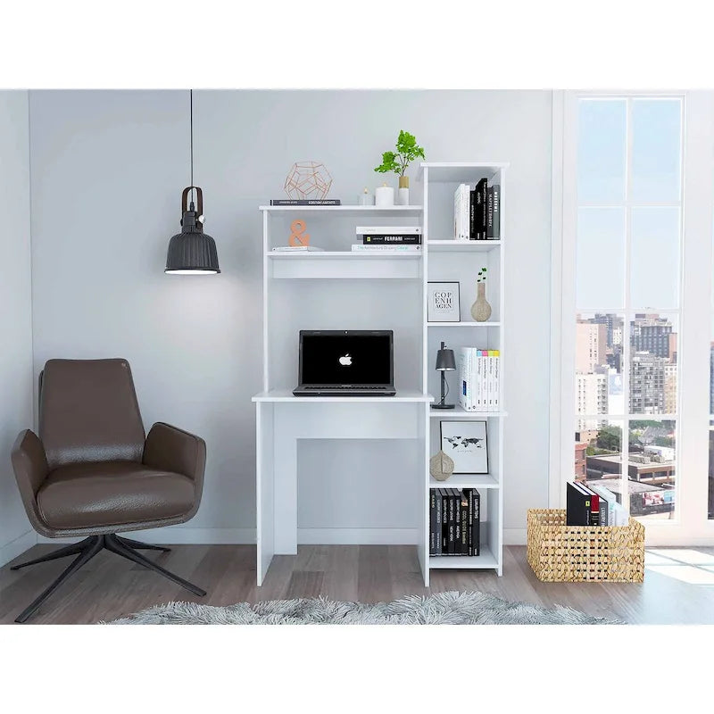 Writing Desk with 6-Shelf Bookcase, Laptop Table, Built-in Cabinet