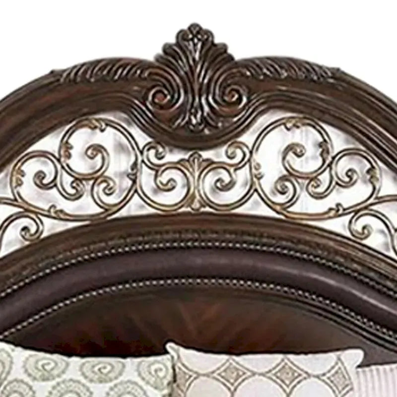 Eastern King Wooden Bed with Intricate Carved Headboard, Brown