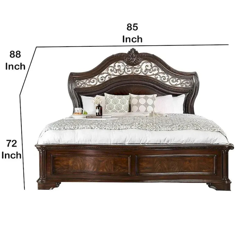 Eastern King Wooden Bed with Intricate Carved Headboard, Brown