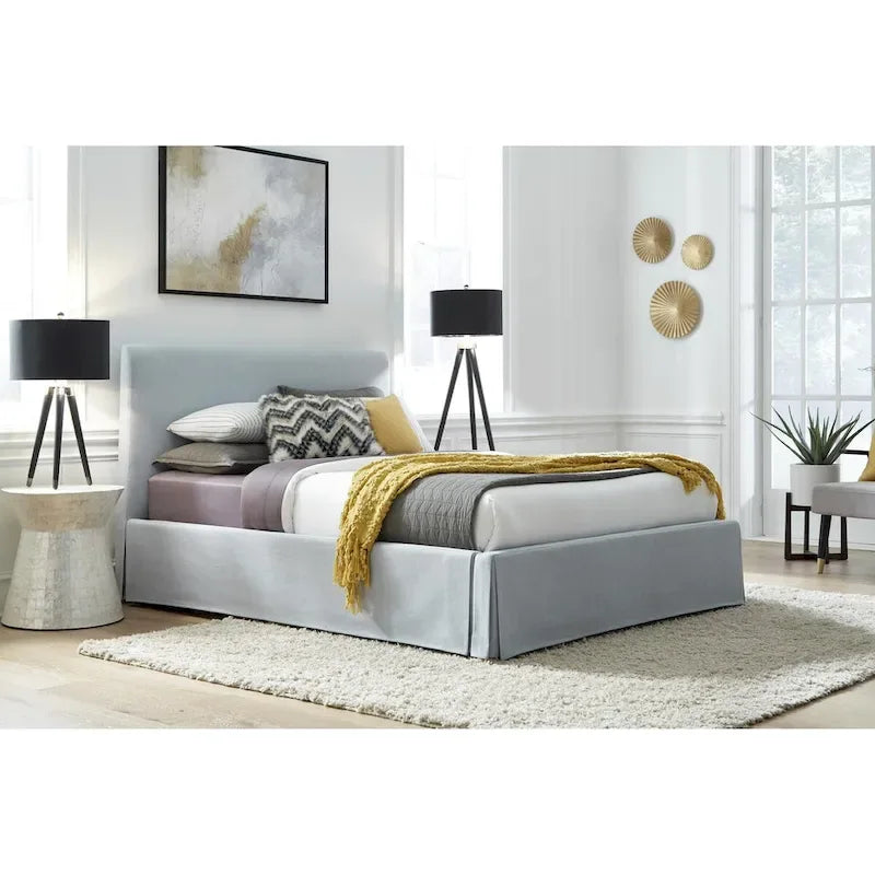 Shelby Upholstered Skirted Sky Blue Storage Panel Bed