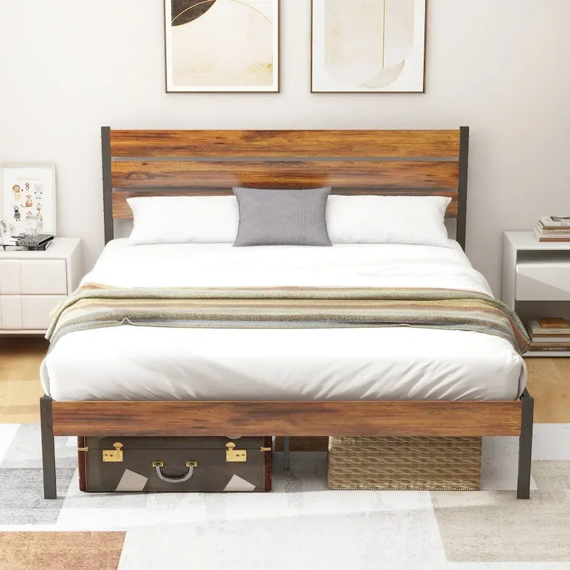 Wood Platform Bed Wood Bed Frame with Headboard, No Box Spring Needed