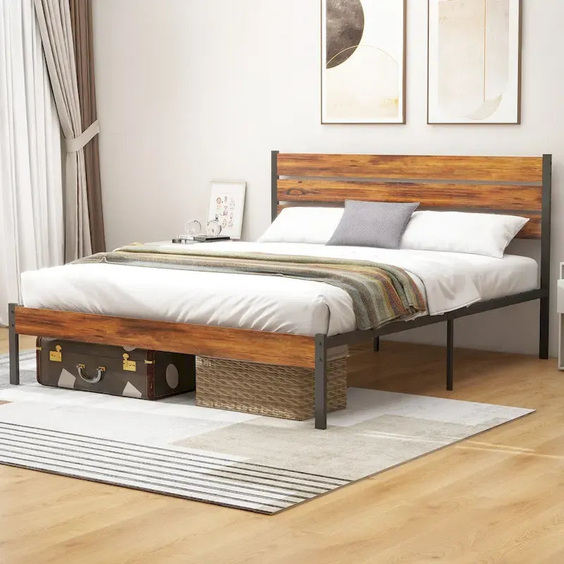 Wood Platform Bed Wood Bed Frame with Headboard, No Box Spring Needed