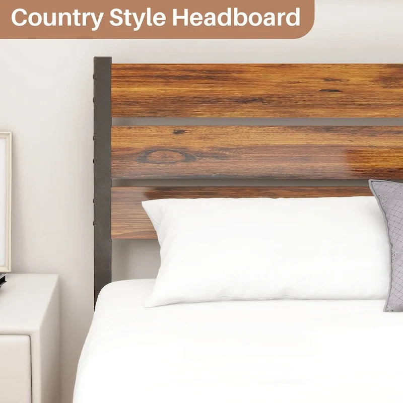 Wood Platform Bed Wood Bed Frame with Headboard, No Box Spring Needed