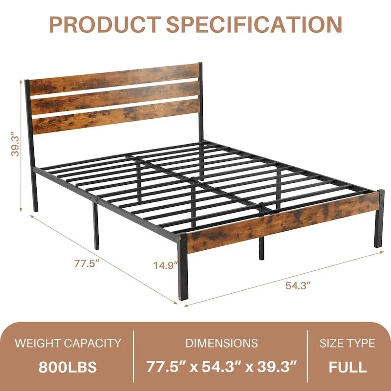 Wood Platform Bed Wood Bed Frame with Headboard, No Box Spring Needed