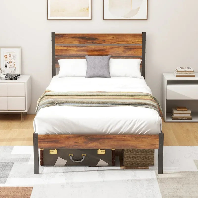 Wood Platform Bed Wood Bed Frame with Headboard, No Box Spring Needed