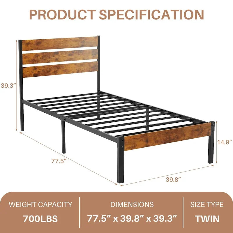 Wood Platform Bed Wood Bed Frame with Headboard, No Box Spring Needed