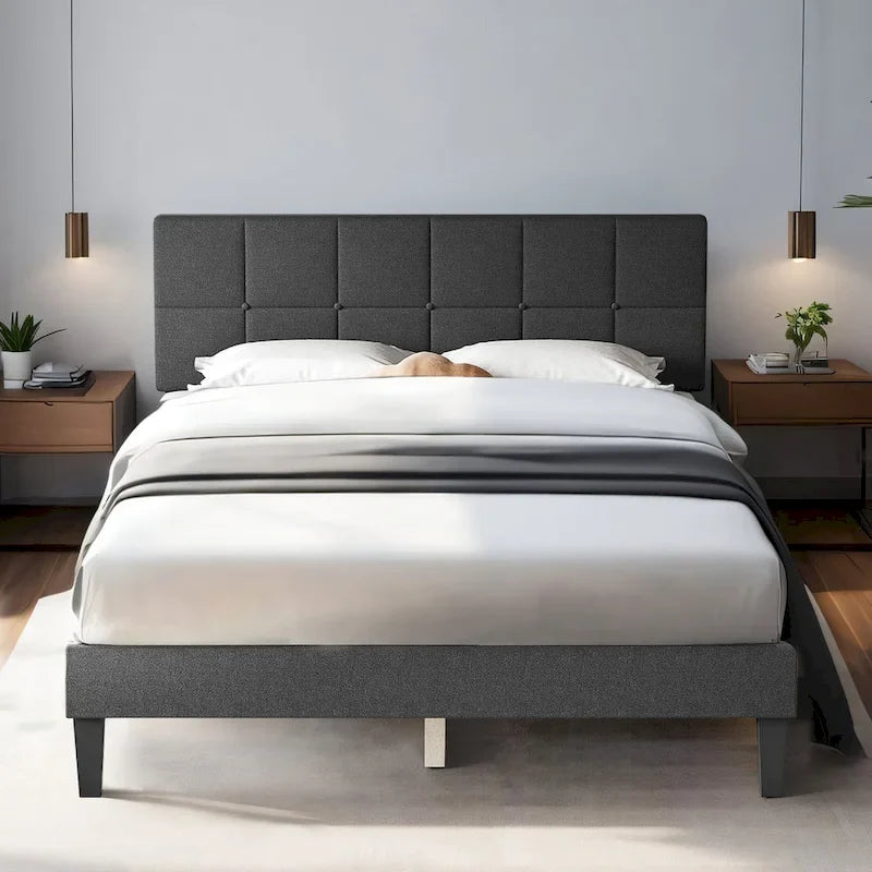 Wood Platform Bed Wood Bed Frame with Headboard, No Box Spring Needed