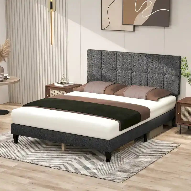 Wood Platform Bed Wood Bed Frame with Headboard, No Box Spring Needed