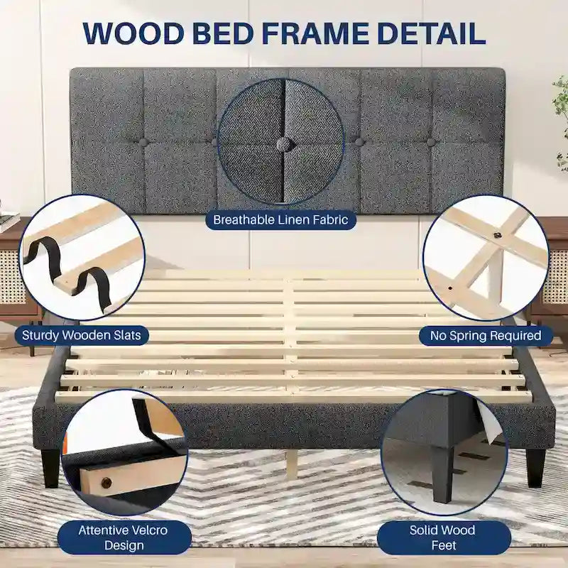 Wood Platform Bed Wood Bed Frame with Headboard, No Box Spring Needed
