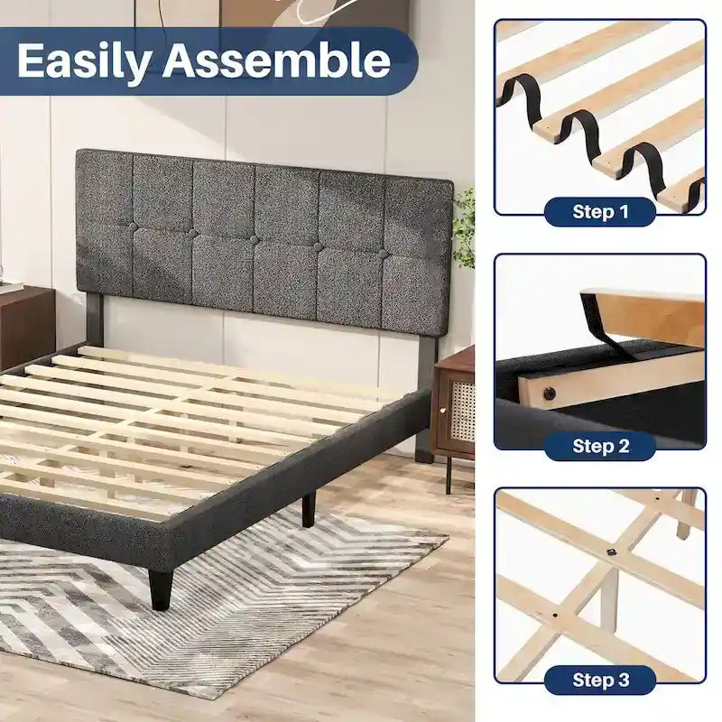 Wood Platform Bed Wood Bed Frame with Headboard, No Box Spring Needed