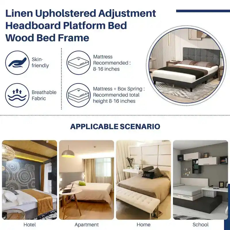 Wood Platform Bed Wood Bed Frame with Headboard, No Box Spring Needed