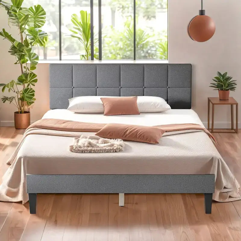 Wood Platform Bed Wood Bed Frame with Headboard, No Box Spring Needed