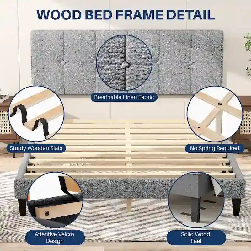 Wood Platform Bed Wood Bed Frame with Headboard, No Box Spring Needed