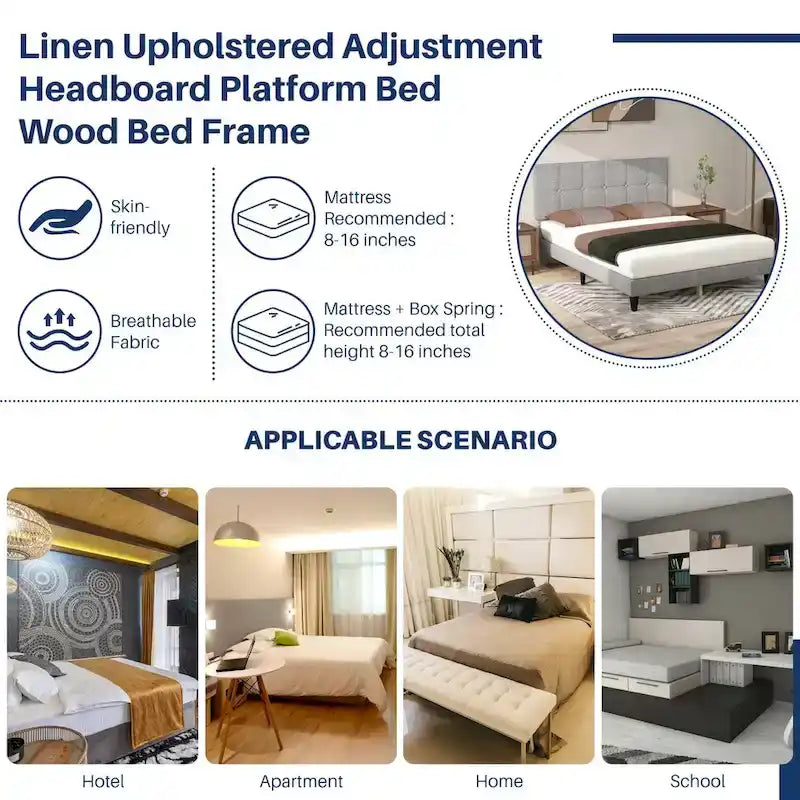 Wood Platform Bed Wood Bed Frame with Headboard, No Box Spring Needed