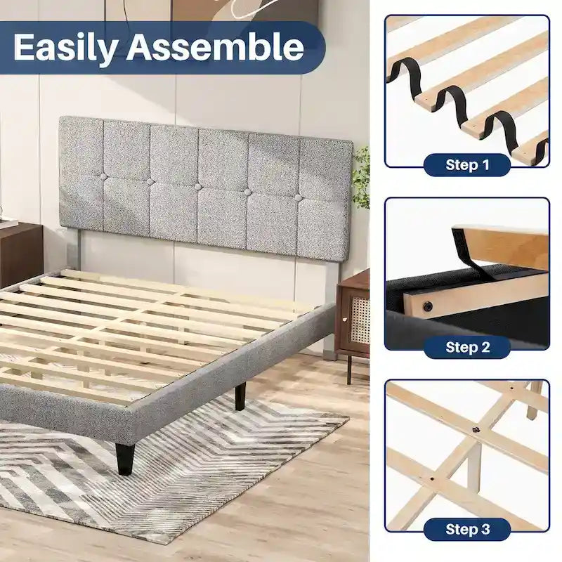 Wood Platform Bed Wood Bed Frame with Headboard, No Box Spring Needed
