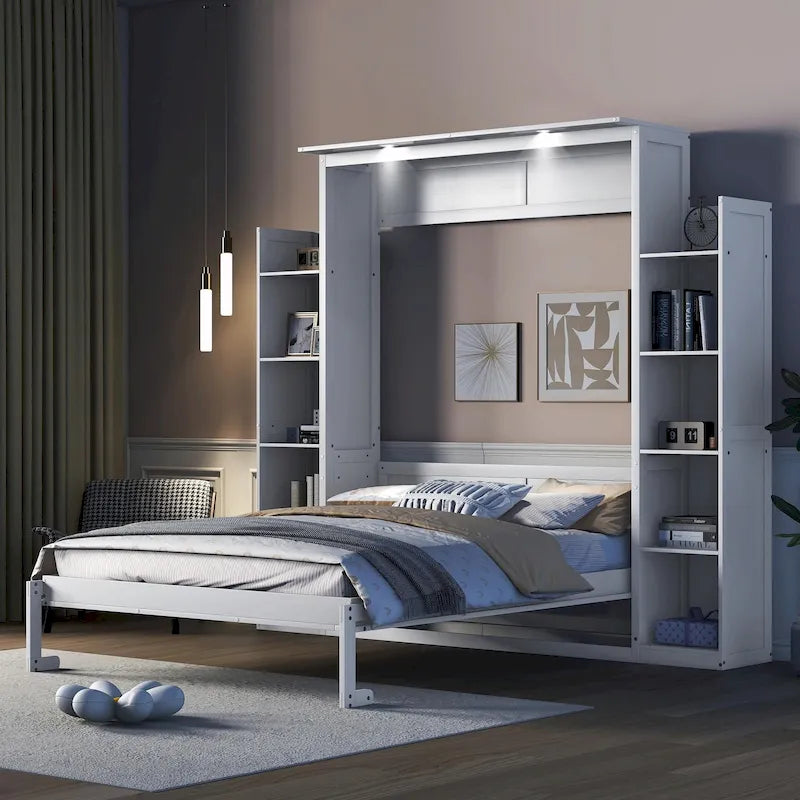 Queen Size Murphy Bed with Shelves and LED Lights