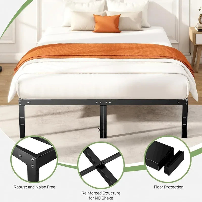 Bed Frame, Metal Platform Frames No Box Spring Needed, Heavy Duty with Storage Space, 14 Inches High, Sturdy Steel Slat Support