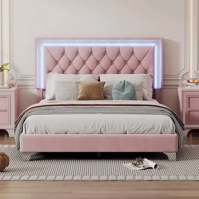 Upholstered Bed Frame with LED Lights