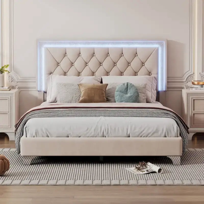 Upholstered Bed Frame with LED Lights