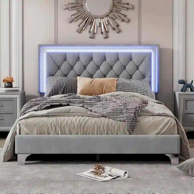 Upholstered Bed Frame with LED Lights