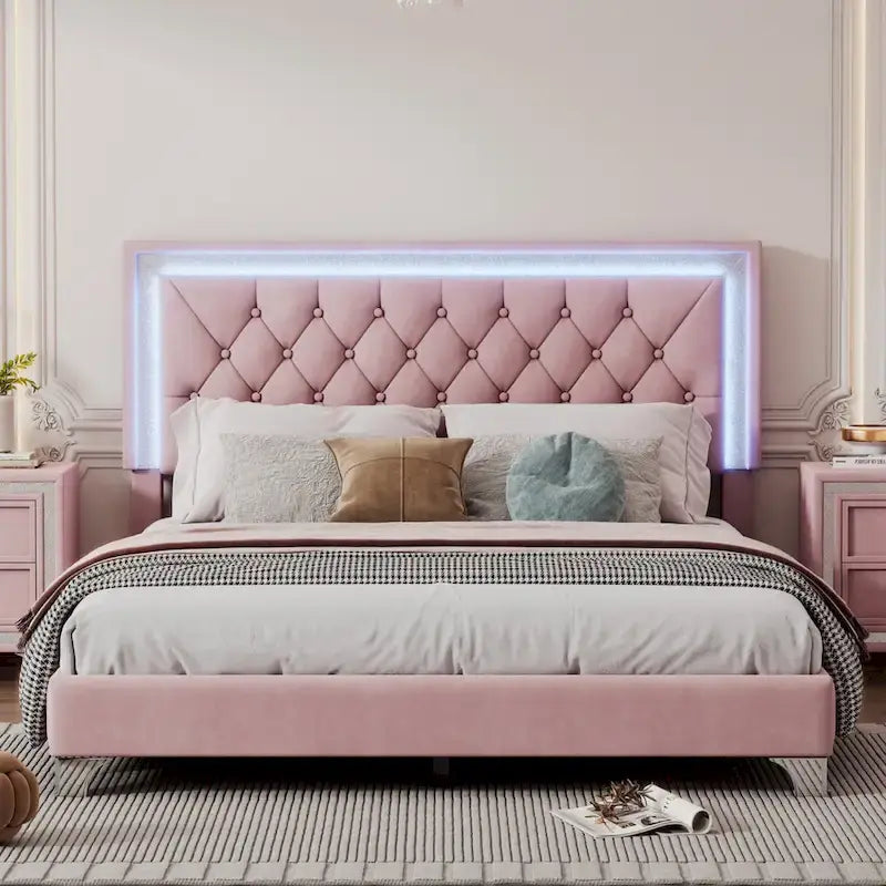 Upholstered Bed Frame with LED Lights