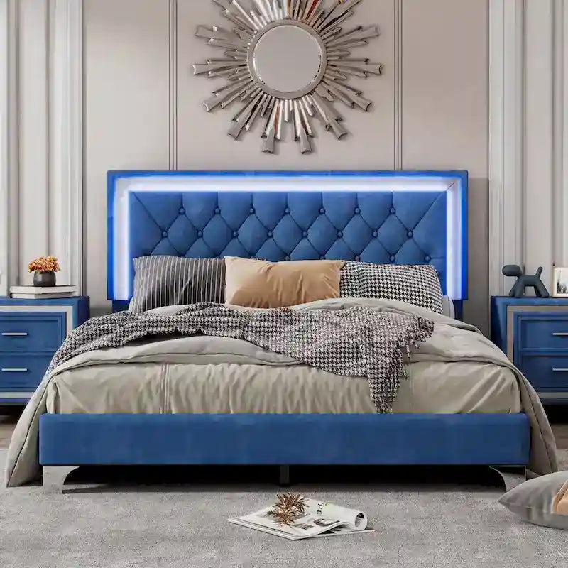 Upholstered Bed Frame with LED Lights