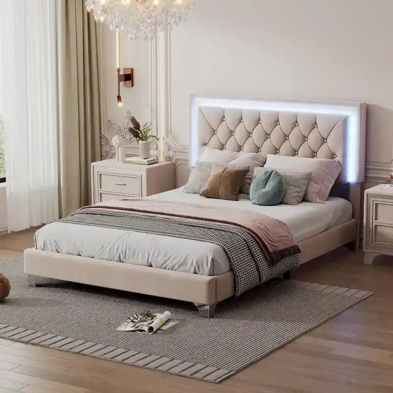 Upholstered Bed Frame with LED Lights