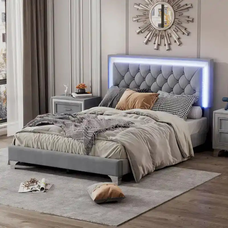 Upholstered Bed Frame with LED Lights