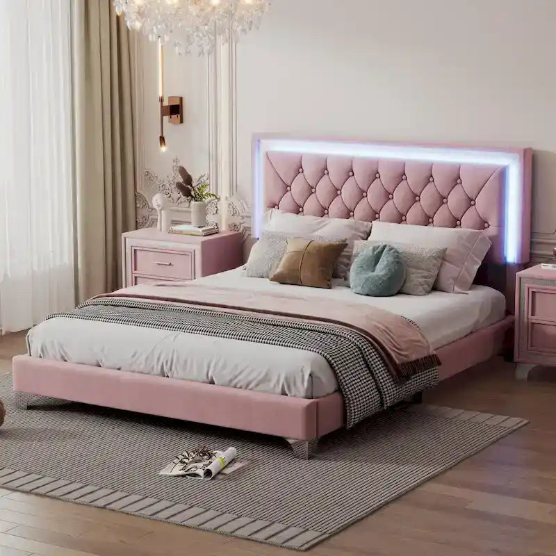 Upholstered Bed Frame with LED Lights