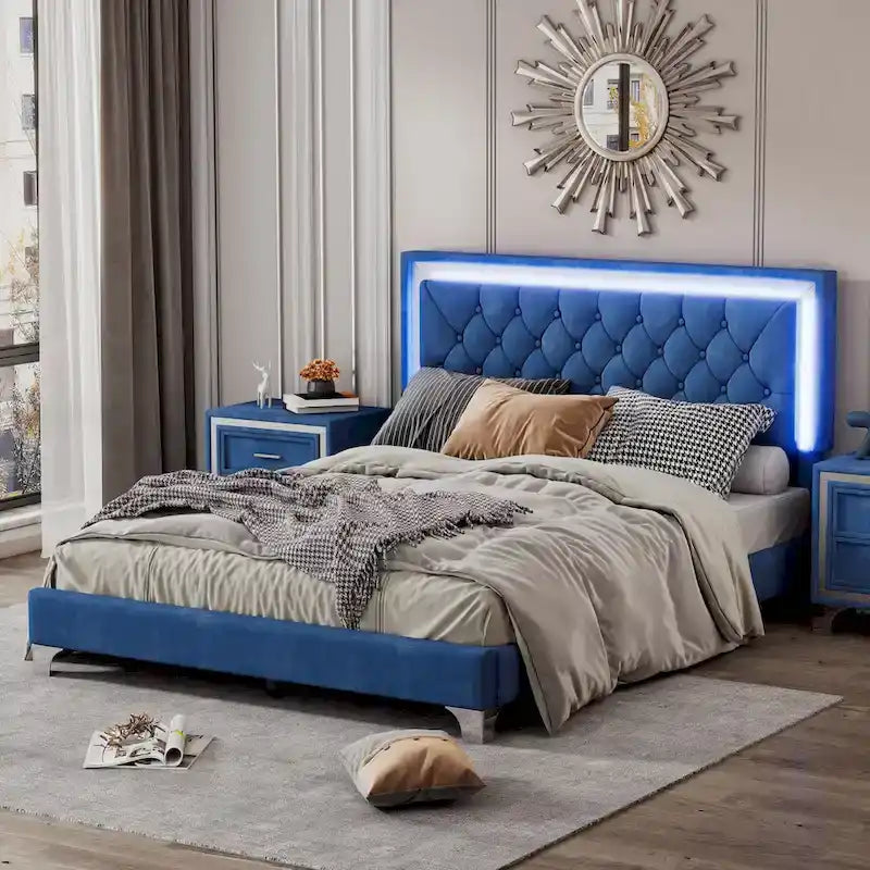 Upholstered Bed Frame with LED Lights