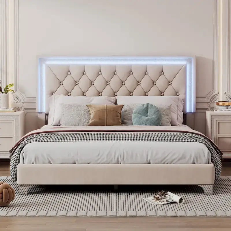 Upholstered Bed Frame with LED Lights