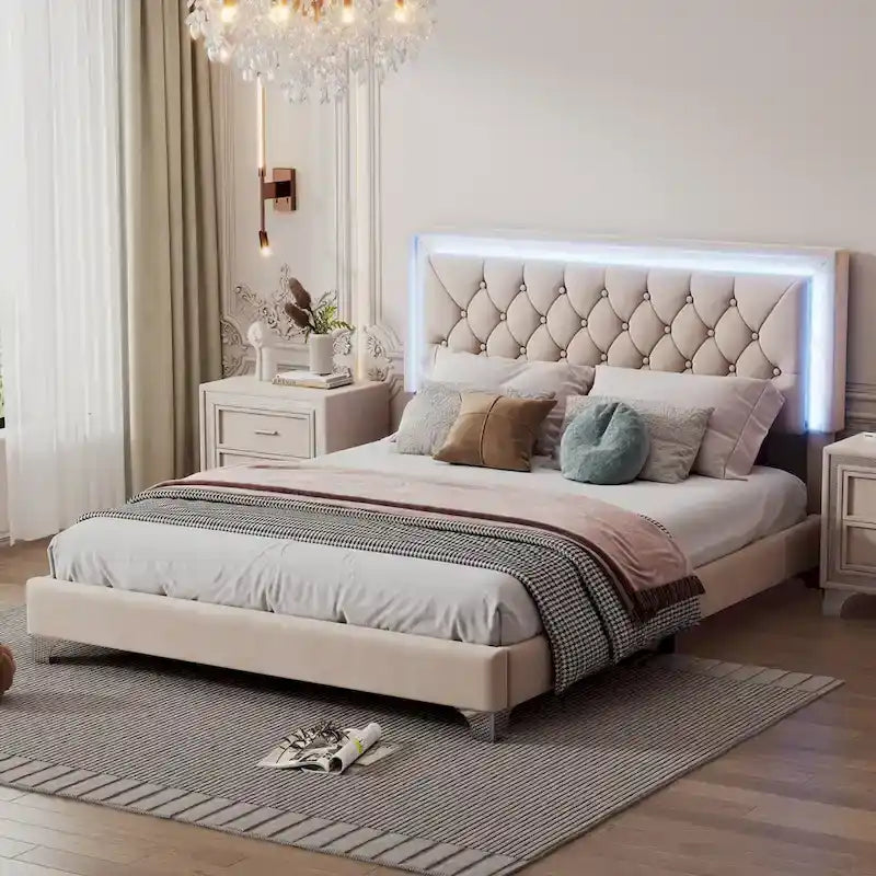 Upholstered Bed Frame with LED Lights