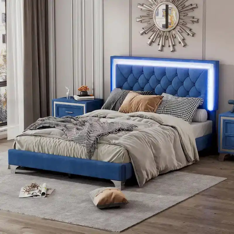 Upholstered Bed Frame with LED Lights