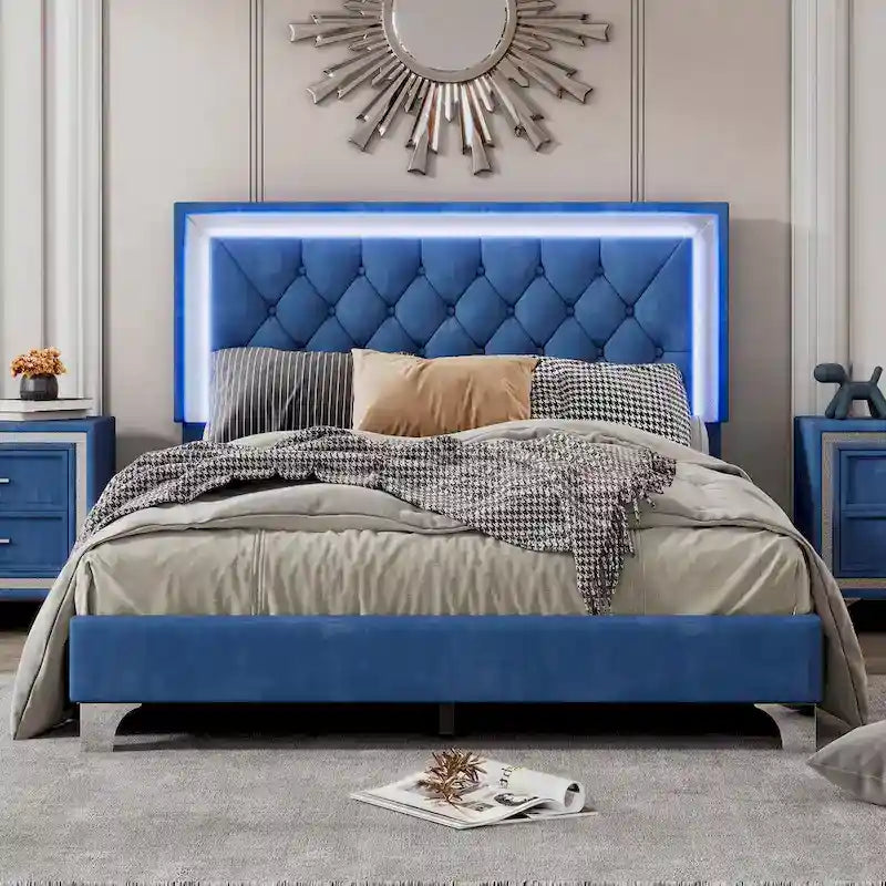 Upholstered Bed Frame with LED Lights