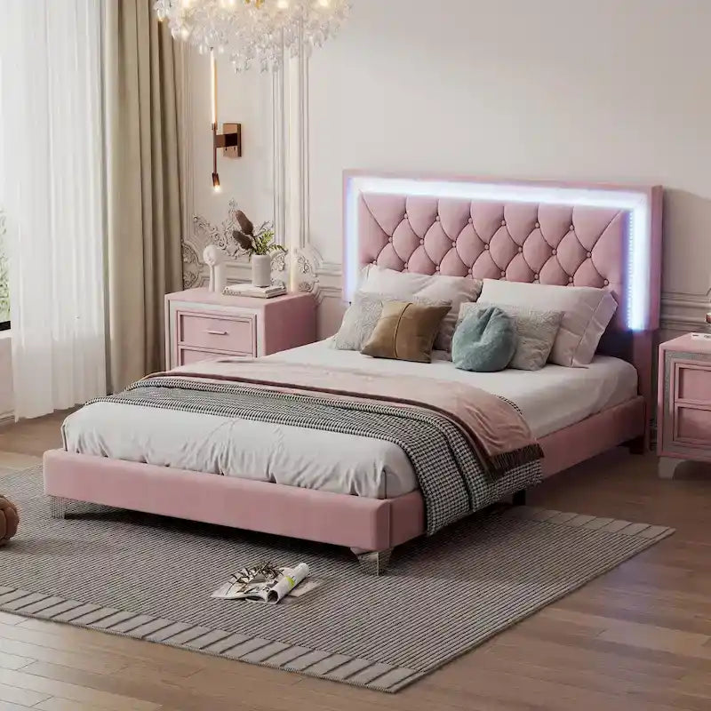 Upholstered Bed Frame with LED Lights
