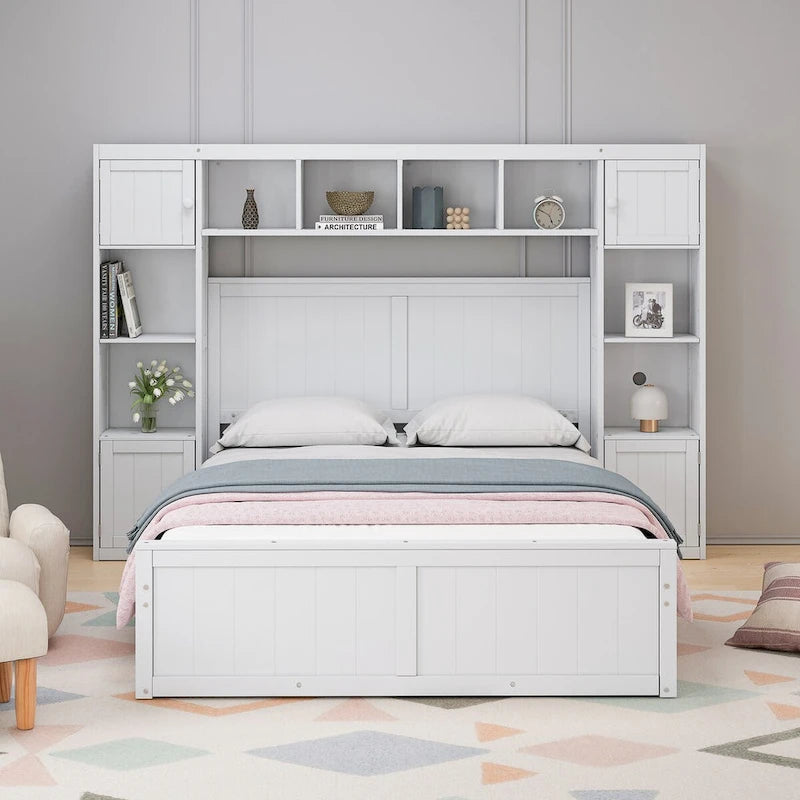 Full Size Wood Bed with All-in-One Cabinet and Shelf