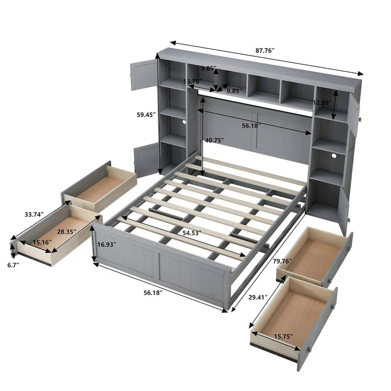 Full Size Wood Bed with All-in-One Cabinet and Shelf