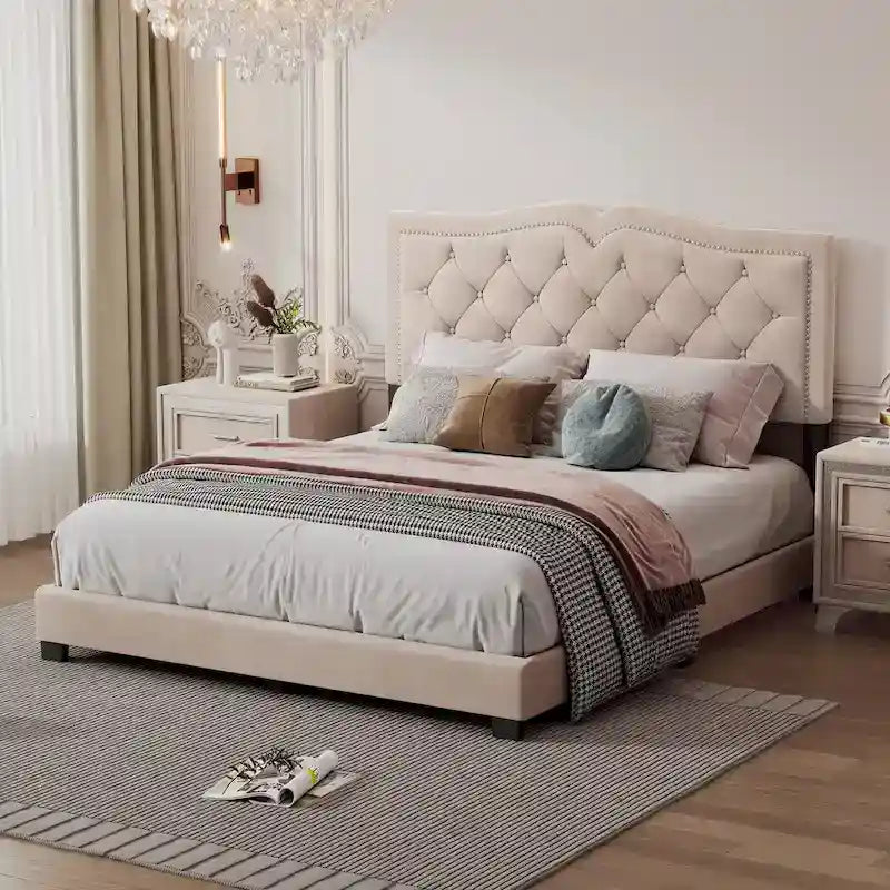 Queen/Full Size Upholstered Bed Frame with Rivet Design, Modern Velvet Platform Bed with Tufted Headboard