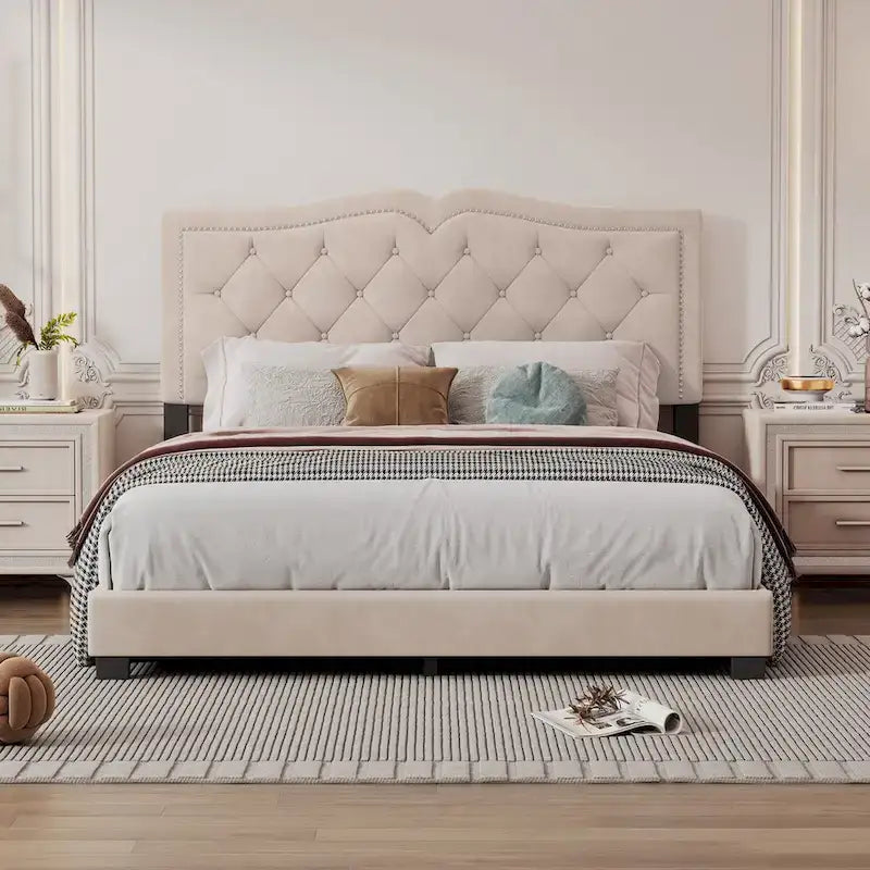 Queen/Full Size Upholstered Bed Frame with Rivet Design, Modern Velvet Platform Bed with Tufted Headboard