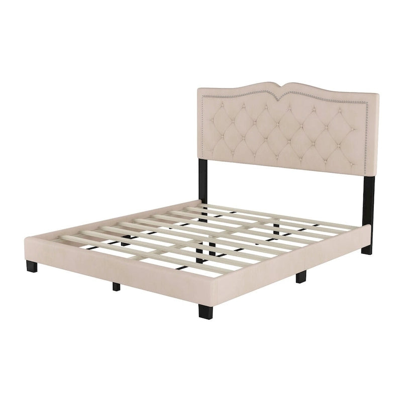 Queen/Full Size Upholstered Bed Frame with Rivet Design, Modern Velvet Platform Bed with Tufted Headboard