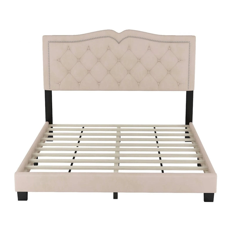 Queen/Full Size Upholstered Bed Frame with Rivet Design, Modern Velvet Platform Bed with Tufted Headboard