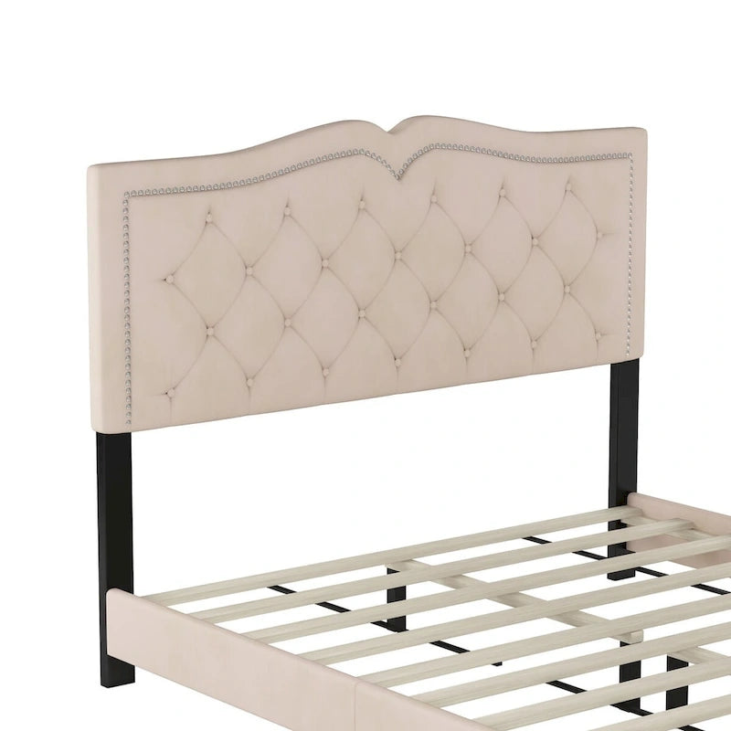 Queen/Full Size Upholstered Bed Frame with Rivet Design, Modern Velvet Platform Bed with Tufted Headboard