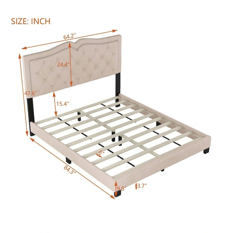Queen/Full Size Upholstered Bed Frame with Rivet Design, Modern Velvet Platform Bed with Tufted Headboard