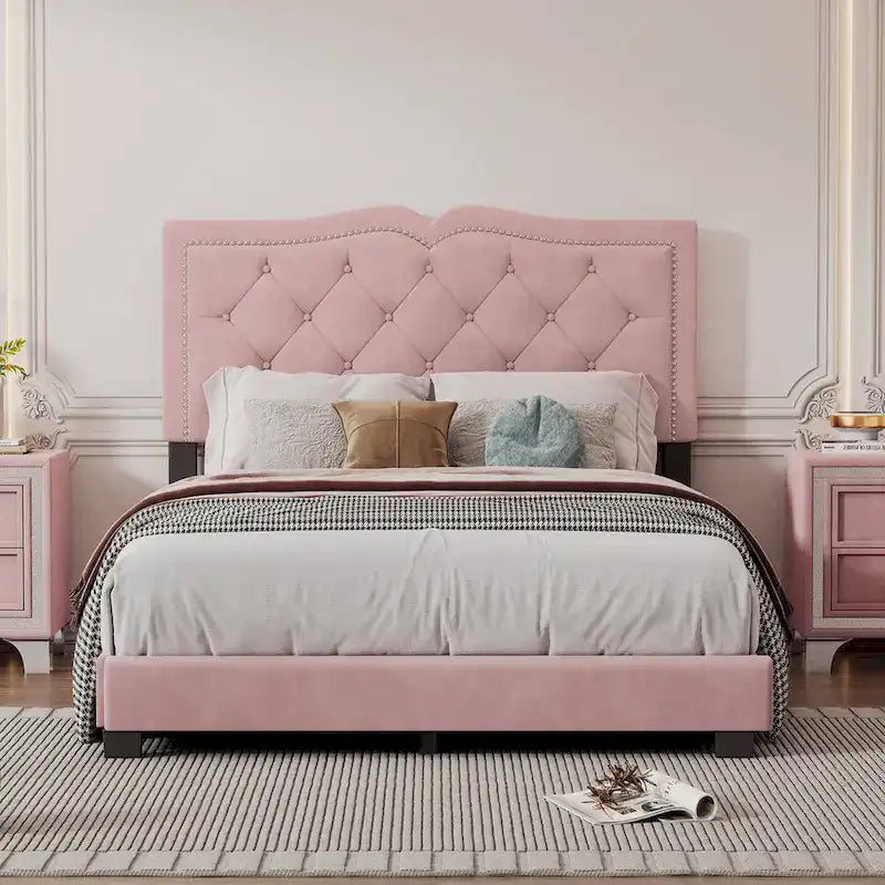 Queen/Full Size Upholstered Bed Frame with Rivet Design, Modern Velvet Platform Bed with Tufted Headboard